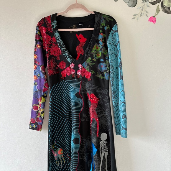 Desigual Long Sleeve Dress, Floral/Stripe/Dancing Figures/Horse Print, Large - Picture 10 of 12
